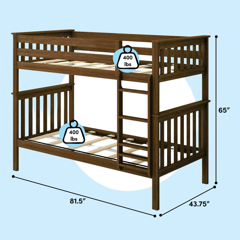 Brown solid wood twin-over-full bunk bed with ladder and guardrails, 400 lb weight capacity, dimensions 81.5 in × 43.75 in × 65 in