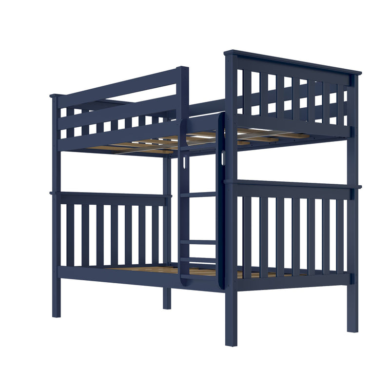 Navy blue wooden loft bunk bed with ladder and slatted guardrails, twin loft bed for kids, space-saving bedroom furniture
