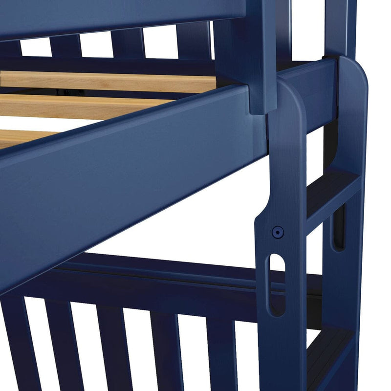 Close-up of navy blue wooden bunk bed ladder and side rail with natural wood slats, modern children's bunk bed frame detail.