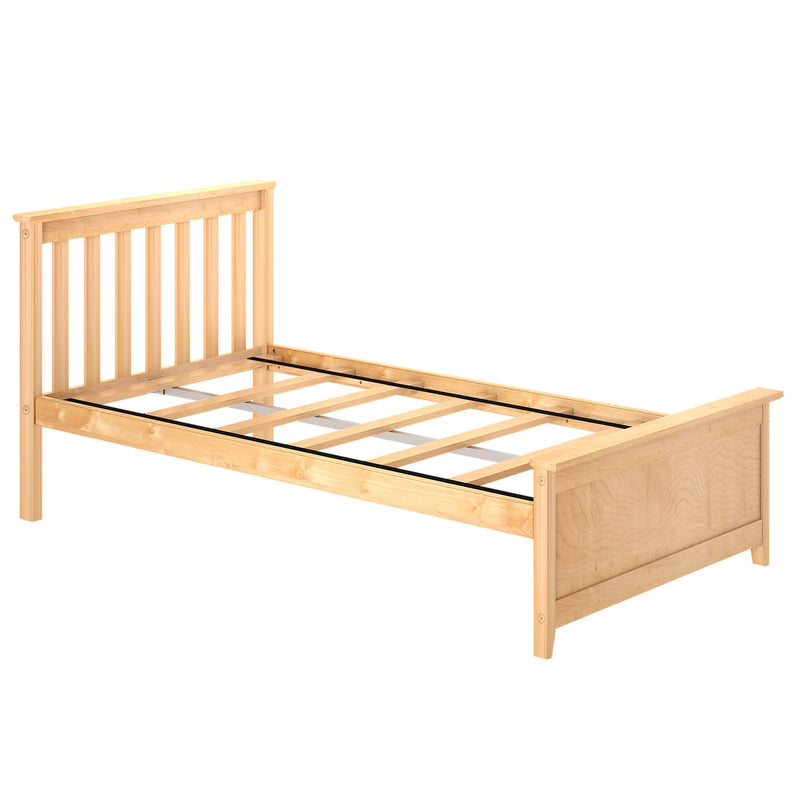 Light natural wooden platform bed frame with slatted headboard, slat support rails and minimalist design