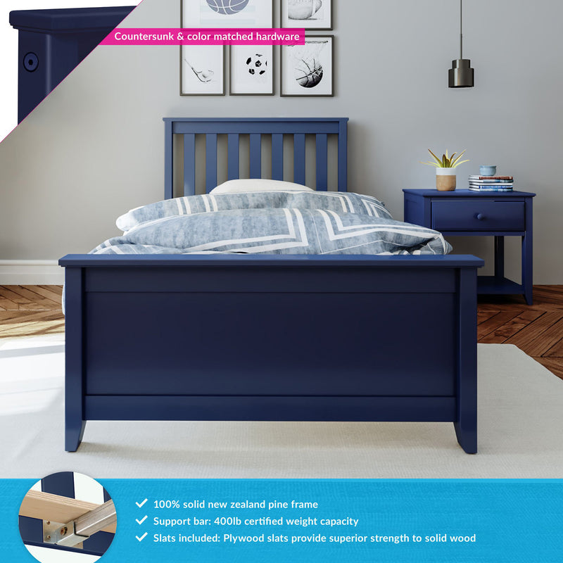 Navy blue solid pine bed frame with matching nightstand and blue‑and‑white striped bedding in a modern grey bedroom, inset shows metal support bar and countersunk hardware (400 lb capacity)