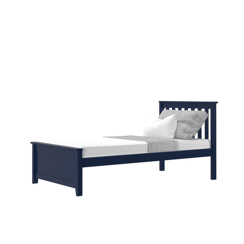 Navy blue wooden twin bed frame with mattress, gray textured throw and white pillows — modern single bed for kids, teens and guest rooms