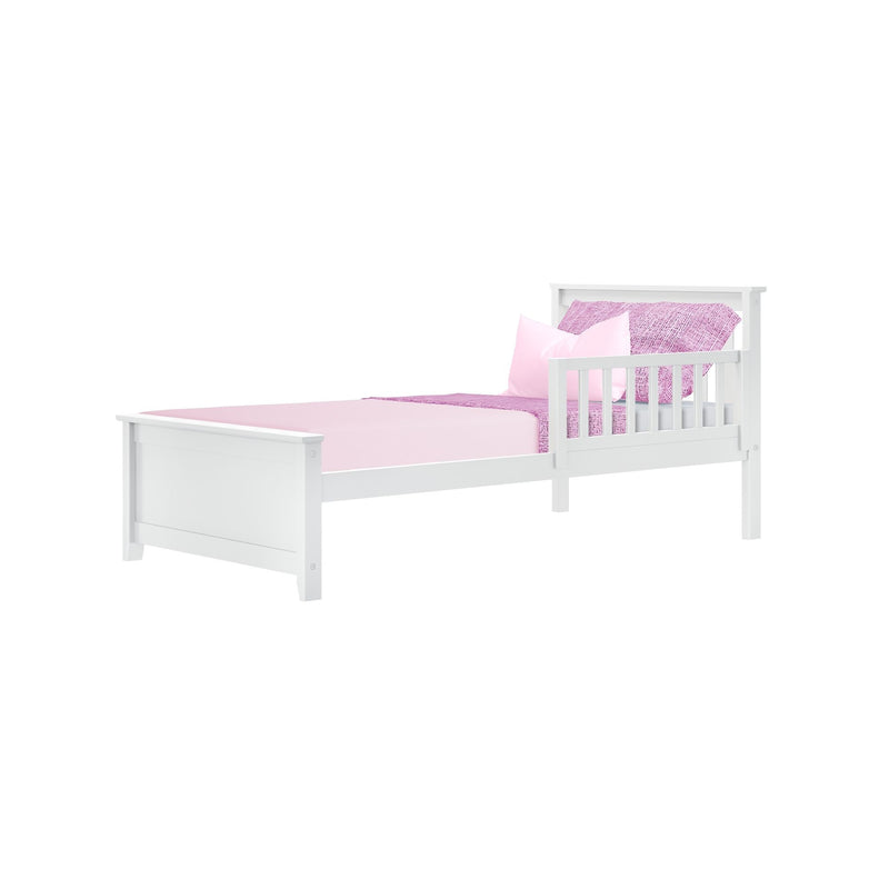 White wooden twin bed with pink fitted sheet, textured pink throw and pillows and partial guardrail — kids' bedroom furniture