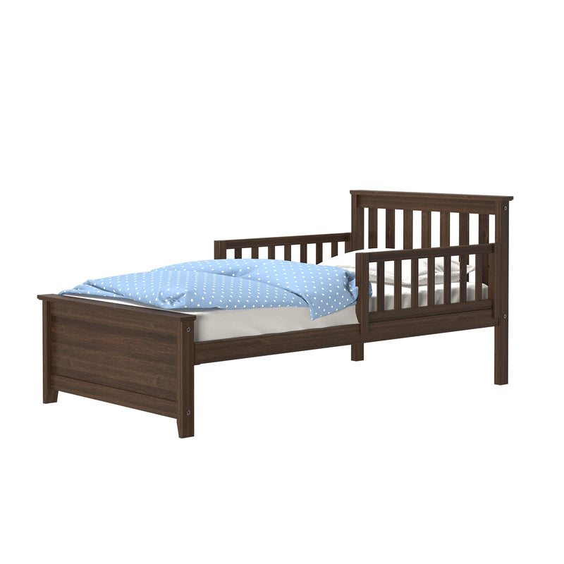 Dark brown wooden toddler bed with guard rails and blue polka-dot bedding on solid wood kids bed frame