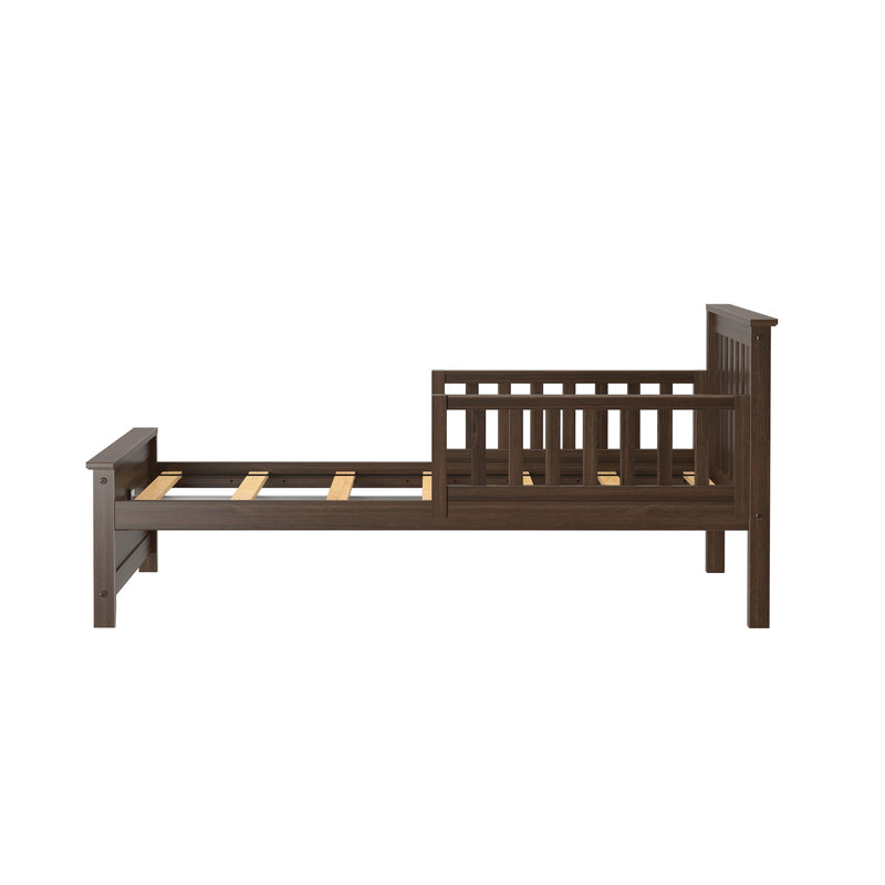 Dark brown wooden platform bed frame with slatted headboard and footboard, exposed mattress support slats, rustic bedroom furniture