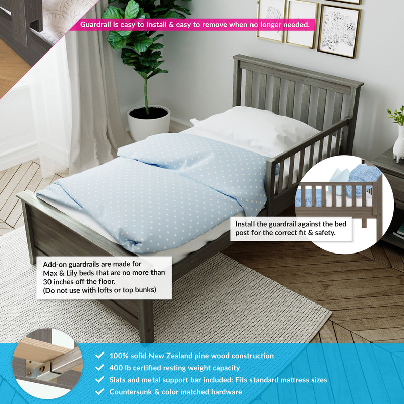Grey wooden toddler bed with removable add-on guardrail installed, blue polka-dot bedding, close-up metal support hardware and safety/installation text