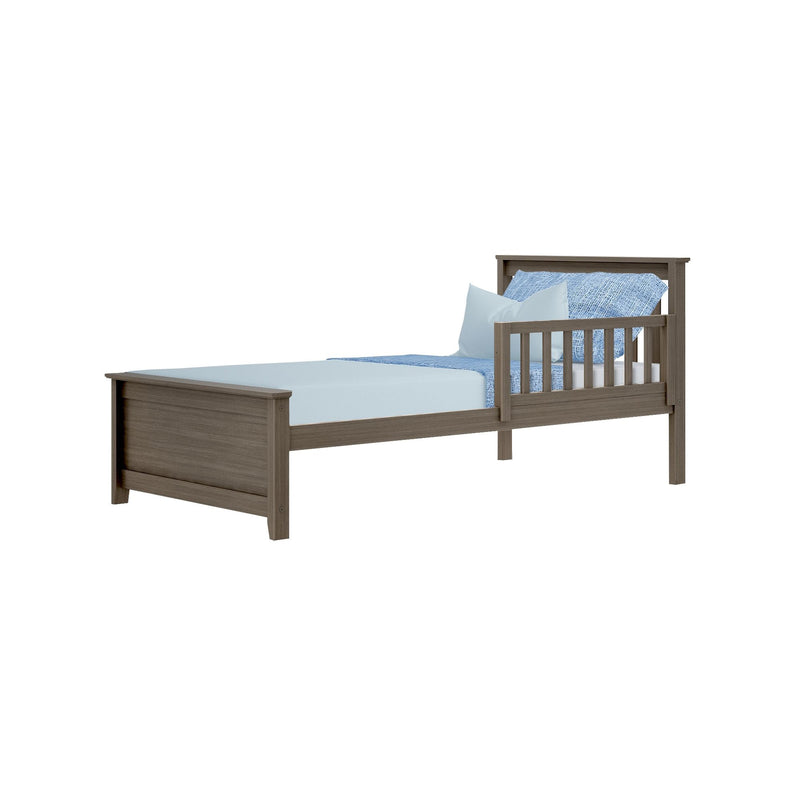 Gray-brown wooden twin-size bed frame with slatted headboard, light blue sheets and textured blue throw pillow, product shot on white background