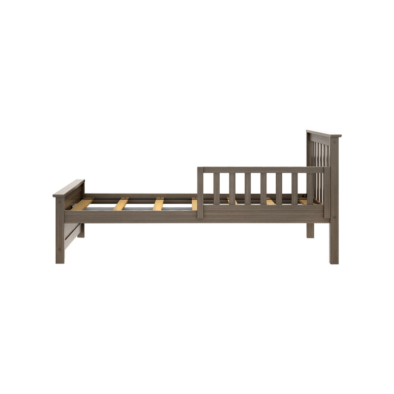 Gray-brown wooden twin platform bed frame with slatted headboard and footboard, visible support slats, mattress not included