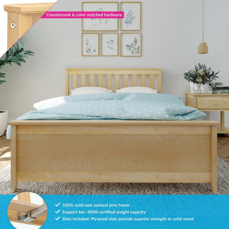 Solid New Zealand pine bed frame with slatted headboard and footboard, light natural finish platform bed with blue polka-dot duvet, bedside table with vase, botanical wall art, and countersunk color-matched hardware