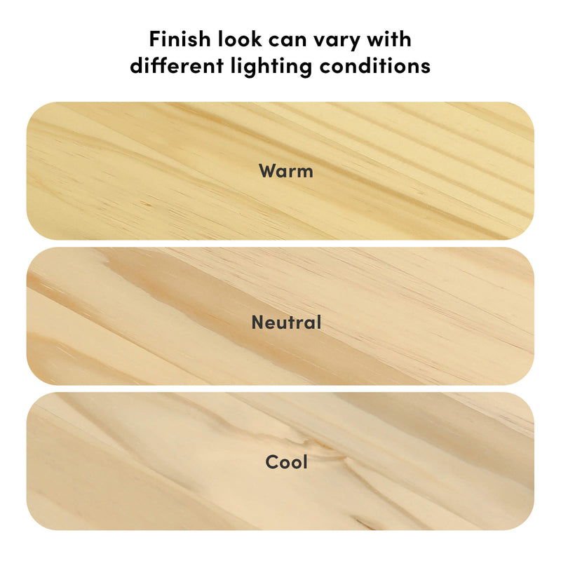 Wood finish color variations under warm, neutral, and cool lighting conditions showing how the finish look can vary