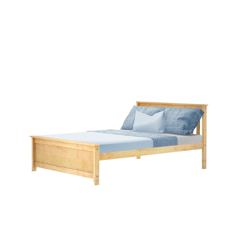 Light natural wood platform bed frame with headboard and footboard, blue textured bedding and pillows, modern minimalist wood bed for bedroom interior