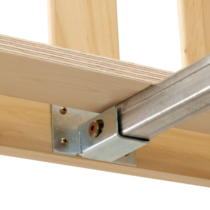 Plywood shelf edge supported by galvanized metal bracket and U-channel track with screws and fasteners, shelving hardware close-up