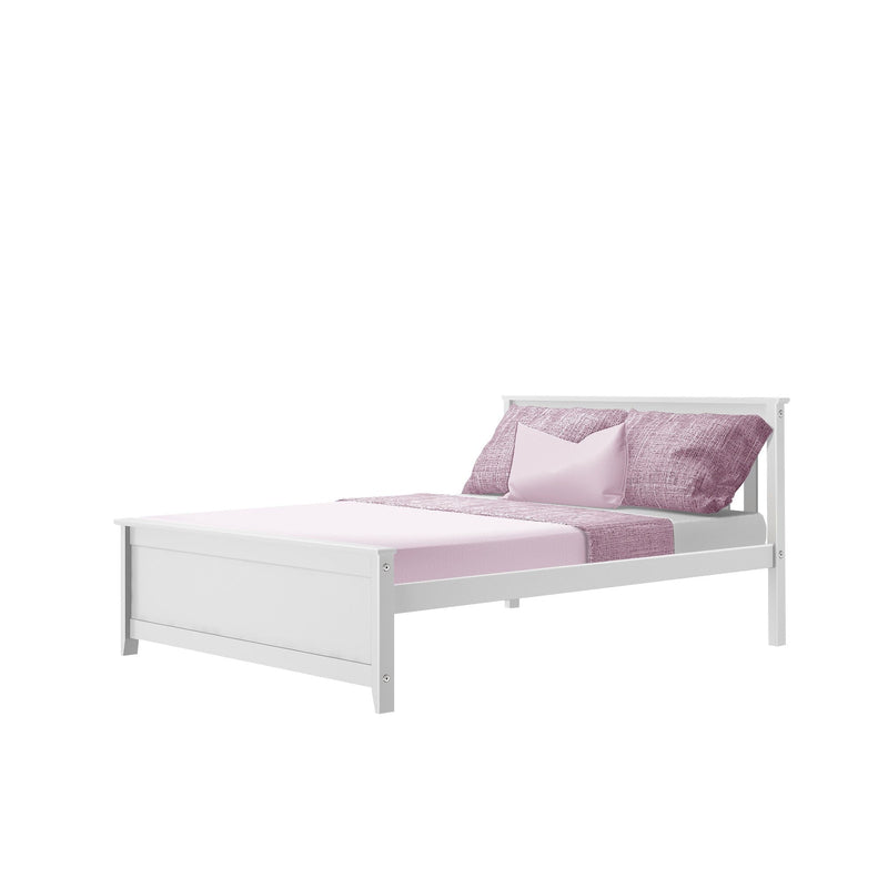 White wooden twin bed frame with light pink sheets, textured pink pillows and decorative cushion — modern kids' or teen bedroom centerpiece