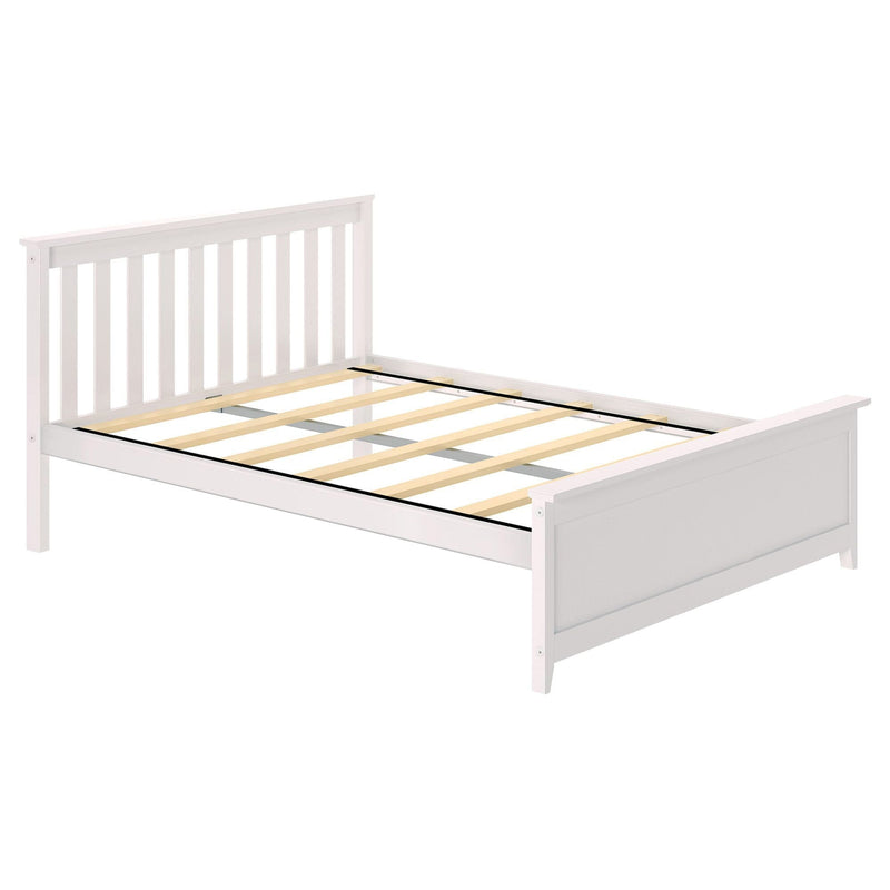 White wooden platform bed frame with slatted headboard and wooden support slats, modern farmhouse style