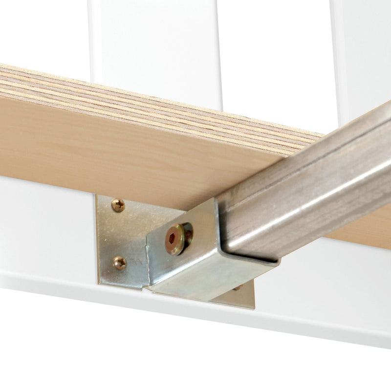 Close-up of plywood shelf edge supported by galvanized metal bracket and roller track hardware, garage shelving support detail