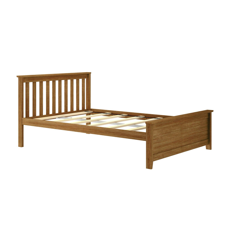 Oak finish wooden slatted platform bed frame with vertical slat headboard and footboard, sturdy mattress support for bedroom