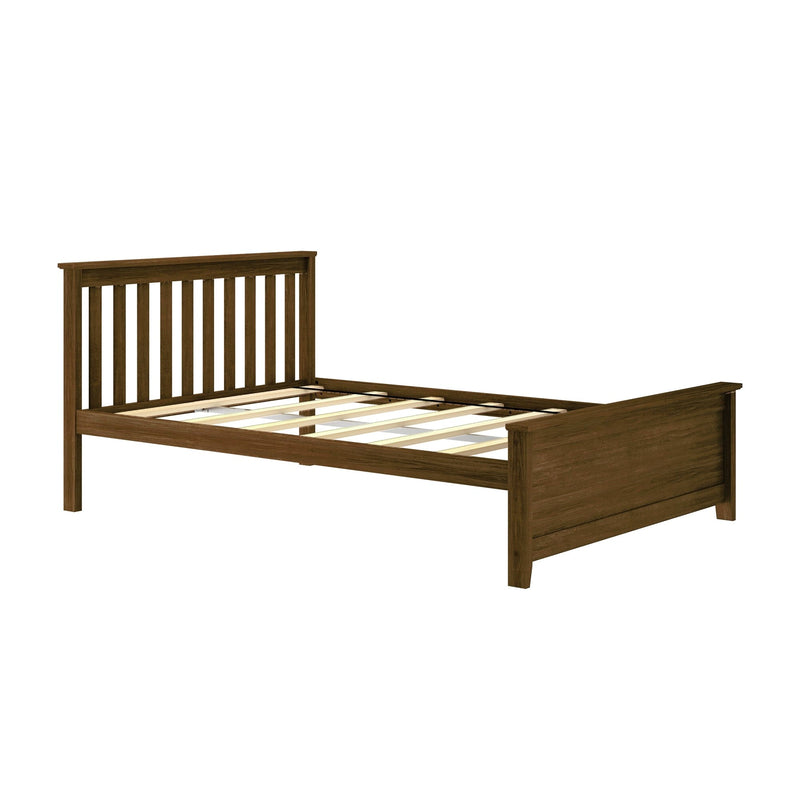 Queen-size dark walnut wooden platform bed frame with vertical slatted headboard and exposed support slats