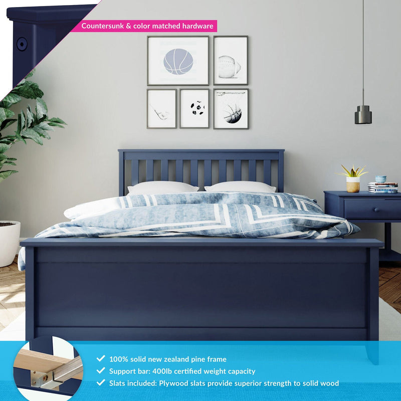 Navy blue solid New Zealand pine bed frame with slatted headboard, blue striped bedding, support bar and plywood slats, styled in a modern bedroom with framed sports prints and bedside table