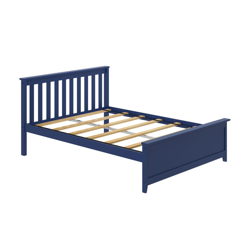 Navy blue wooden platform bed frame with slatted headboard and wooden support slats — mattress not included, product shot on white background