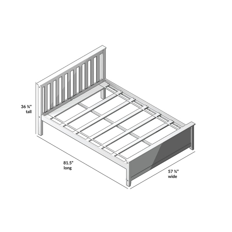 Isometric assembly drawing of a wooden slatted platform bed frame with vertical slat headboard and footboard, dimensions 81.5″ long × 57.75″ wide × 36.75″ tall