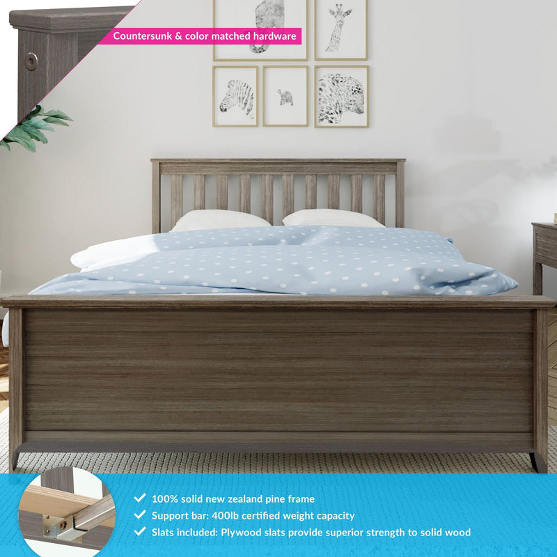 Solid New Zealand pine bed frame with slatted headboard and footboard in weathered grey finish, light-blue polka-dot bedding and framed animal prints, inset showing countersunk color-matched hardware, plywood slats and 400 lb certified support bar for a modern rustic kids bedroom bed