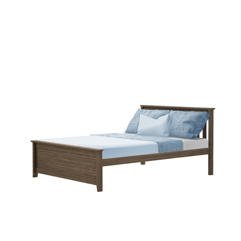 Modern twin wooden bed frame with light blue bedding and pillows on a white background