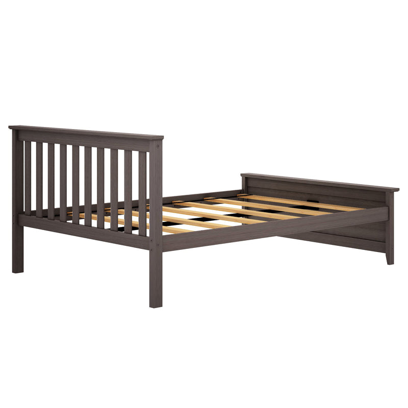 Dark gray-brown wooden platform bed frame with slatted headboard and exposed wooden support slats, modern farmhouse style