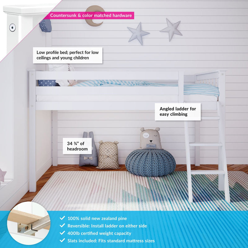 White low-profile kids loft bed with angled ladder and safety rails in a children's bedroom, solid New Zealand pine construction, striped bedding, knitted blue pouf, plush toys, shiplap wall and hardwood floor rug