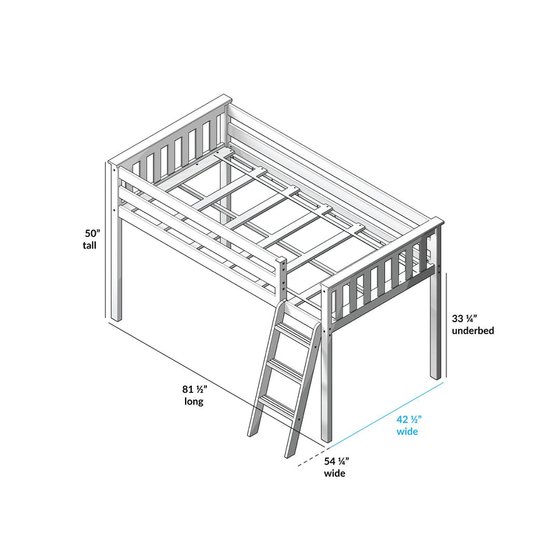 Isometric assembly diagram of a wooden twin loft bed with ladder, slatted headboard and guardrails, 50" tall, 81.5" long, 42.5" wide and 33.25" underbed clearance — kids loft bed furniture diagram