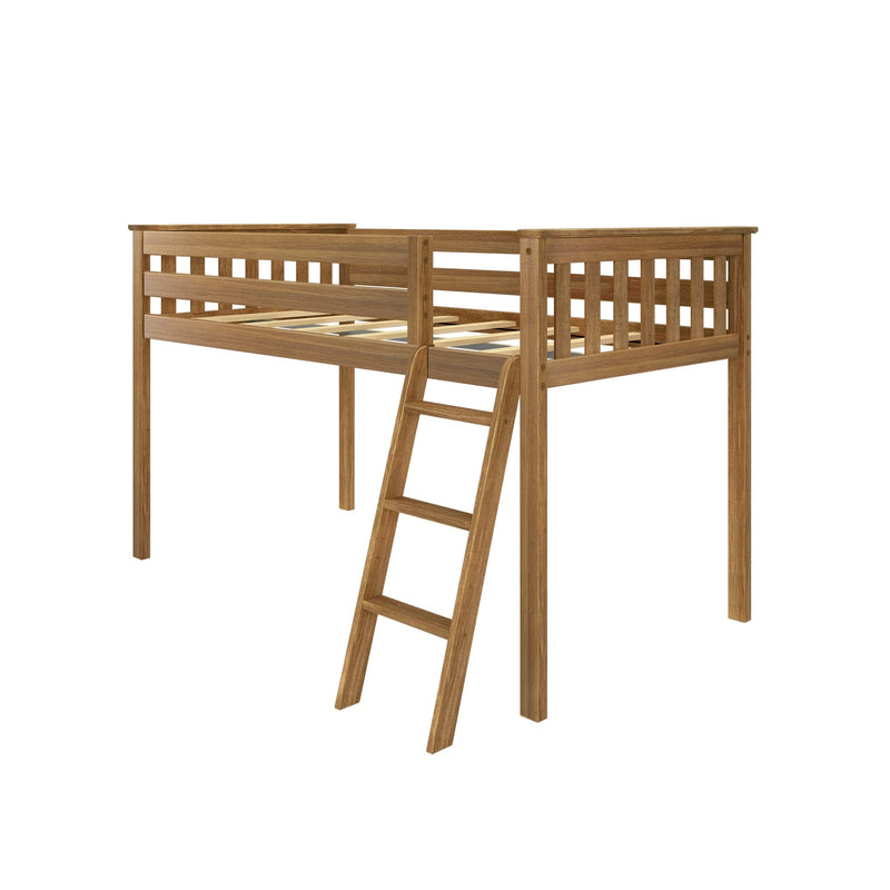 Solid wood loft bed with ladder and slatted guardrails in warm natural finish — space-saving bed frame for kids and teens.
