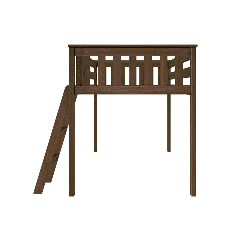 Dark brown solid wood loft bed with ladder and slatted safety rail, durable space-saving kids' bunk platform