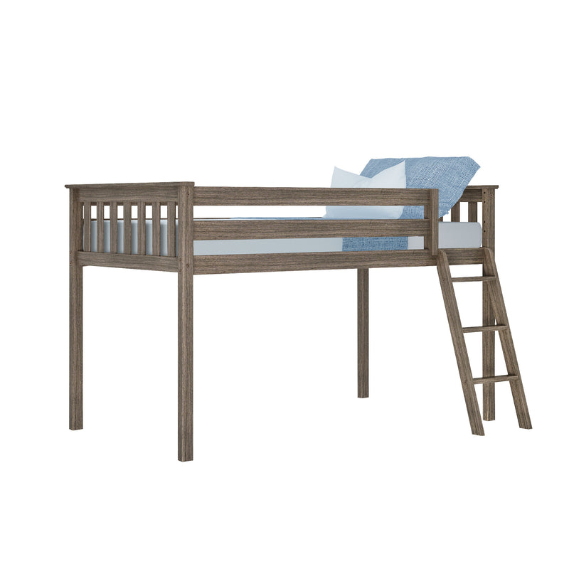 Rustic gray-brown wooden twin loft bed with ladder, guard rails and blue bedding — space-saving kids bedroom furniture