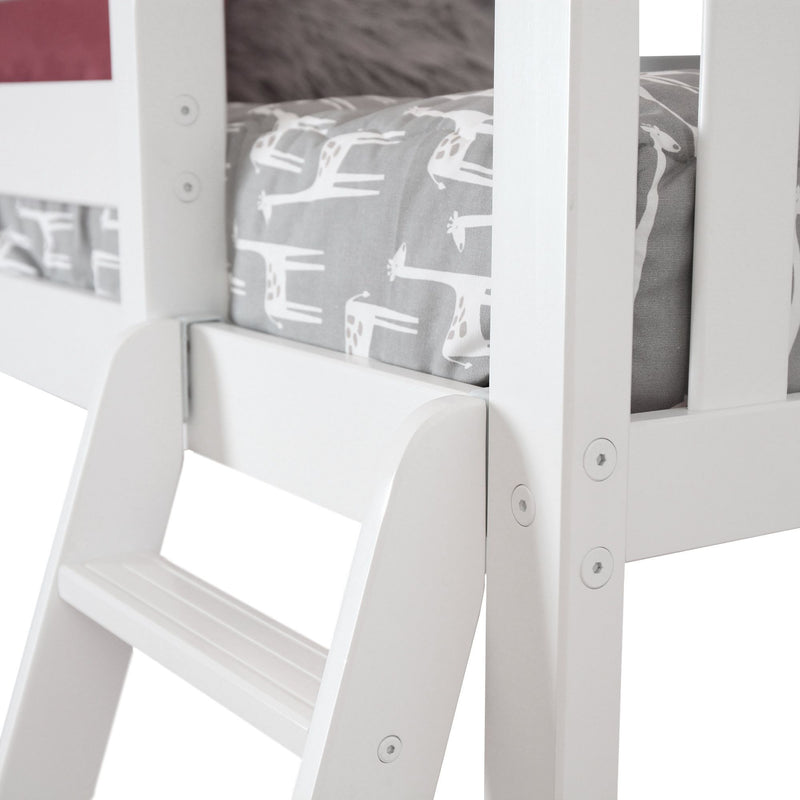Close-up of white wooden bunk bed ladder and guardrail with grey giraffe-print fitted sheet for kids' bedroom