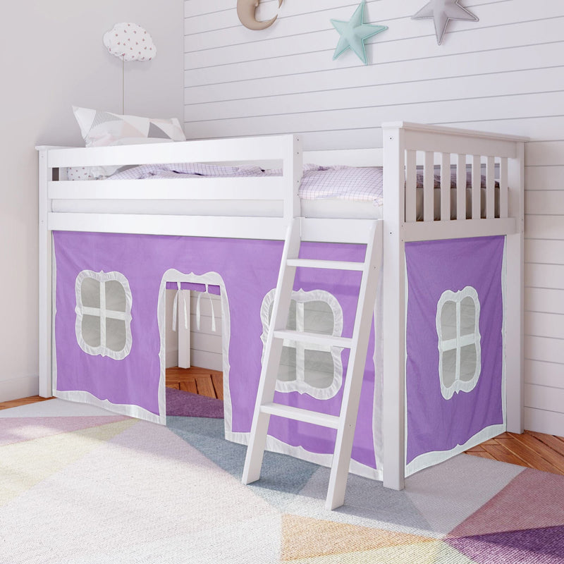 White wooden kids loft bed with ladder and purple playhouse curtain panels creating an under-bed play area in a children's bedroom, cozy decor