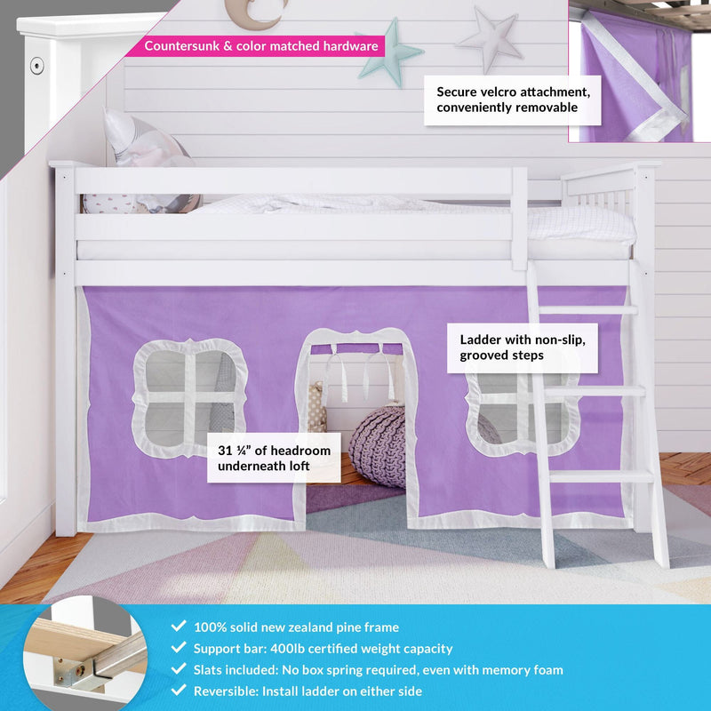 White kids loft bed with ladder and purple play-tent curtain underneath — 100% New Zealand pine frame, non-slip grooved ladder, removable velcro panels, 400 lb support