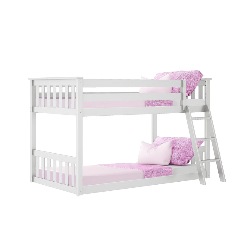 White wooden twin-over-twin bunk bed with pink bedding, ladder and safety rails, modern children's bedroom furniture