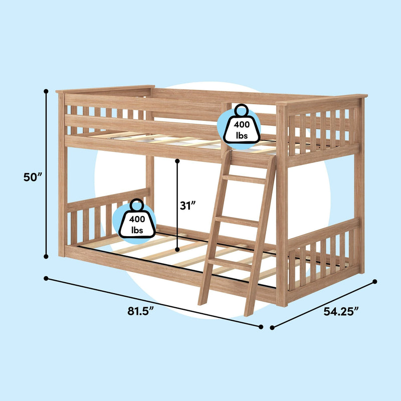 Solid wood twin-over-full loft bunk bed with ladder and slatted mattress platforms, natural oak finish, 81.5" L x 54.25" W x 50" H overall, 400 lb weight capacity per bed