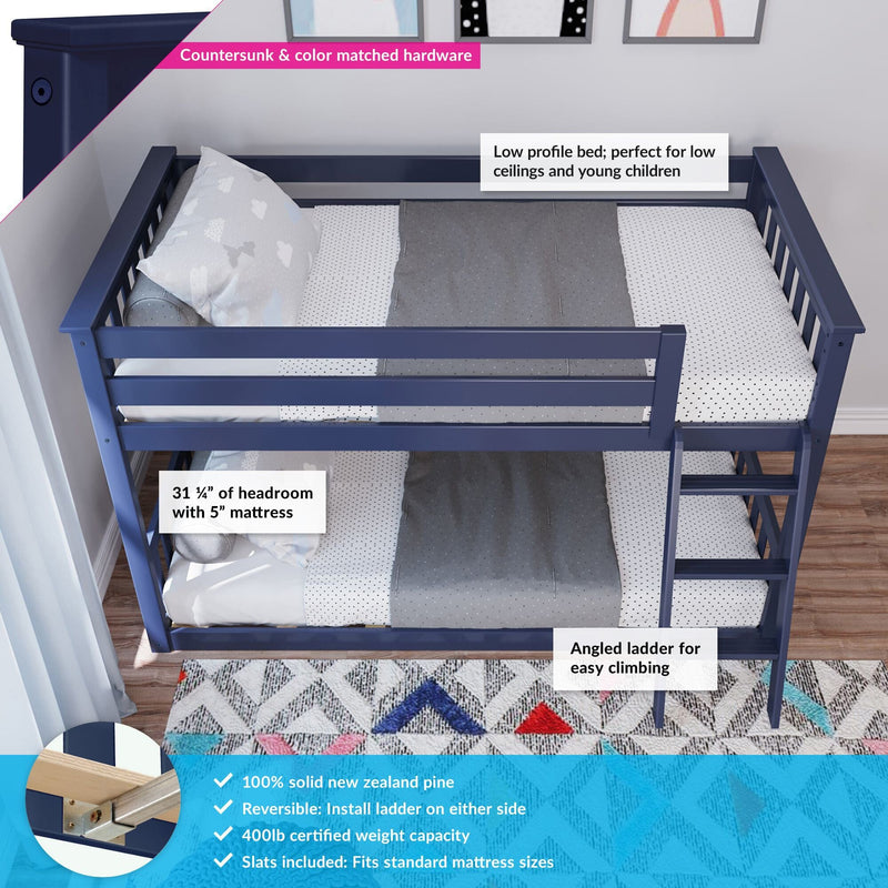 Navy blue low-profile solid pine bunk bed with angled ladder and guardrails — toddler-friendly loft bed ideal for low ceilings and small bedrooms, reversible ladder, 400 lb capacity, fits standard mattresses
