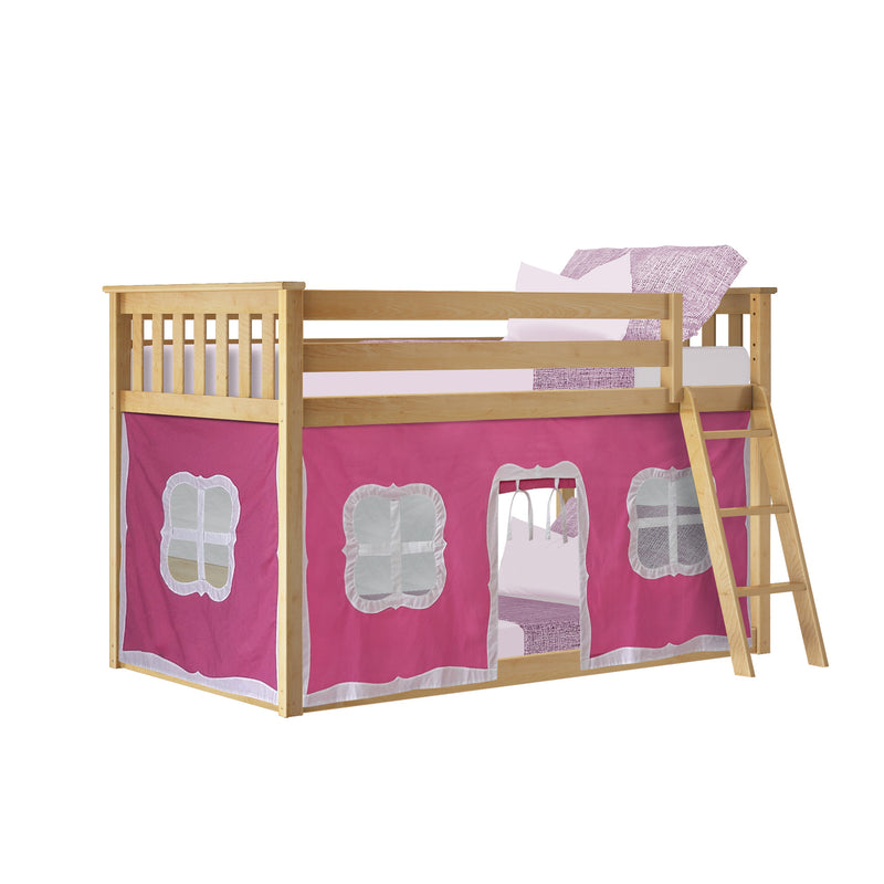 Wooden kids loft bed with ladder and guardrail featuring pink play-tent curtains and decorative window cutouts — twin-size raised bunk bed