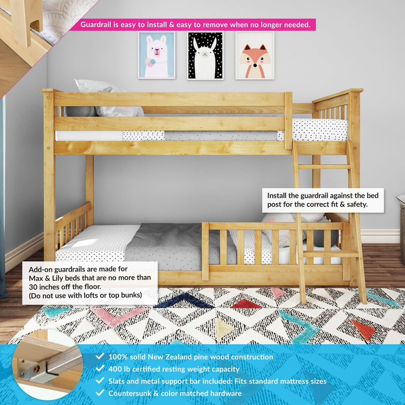 Solid New Zealand pine twin-over-twin bunk bed with removable safety guardrail and ladder in kids' room, natural finish, slatted rails, fits standard twin mattresses