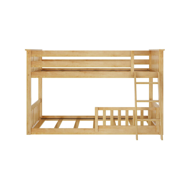 Natural light-wood twin-over-twin bunk bed with ladder and slatted guardrails, modern wooden kids bed frame in maple-tone finish on white background