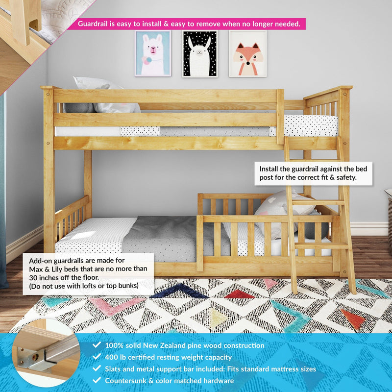 Light natural New Zealand pine twin-over-twin bunk bed in a kids' bedroom with ladder, removable safety guardrail add-on, slatted mattress support and patterned rug