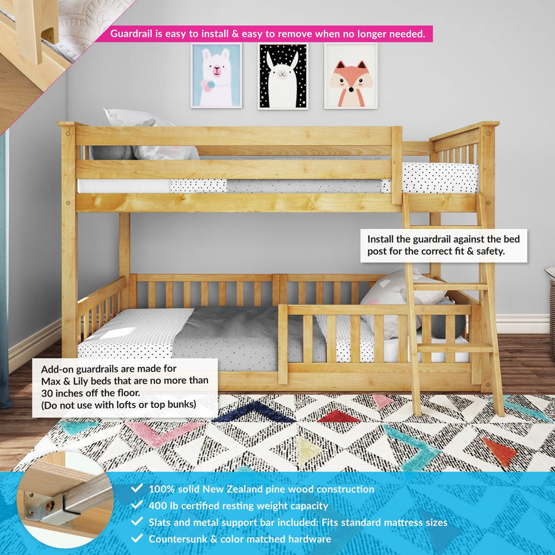 Solid natural pine twin-over-twin bunk bed with removable safety guardrail and ladder in kids' room with patterned rug and animal wall art