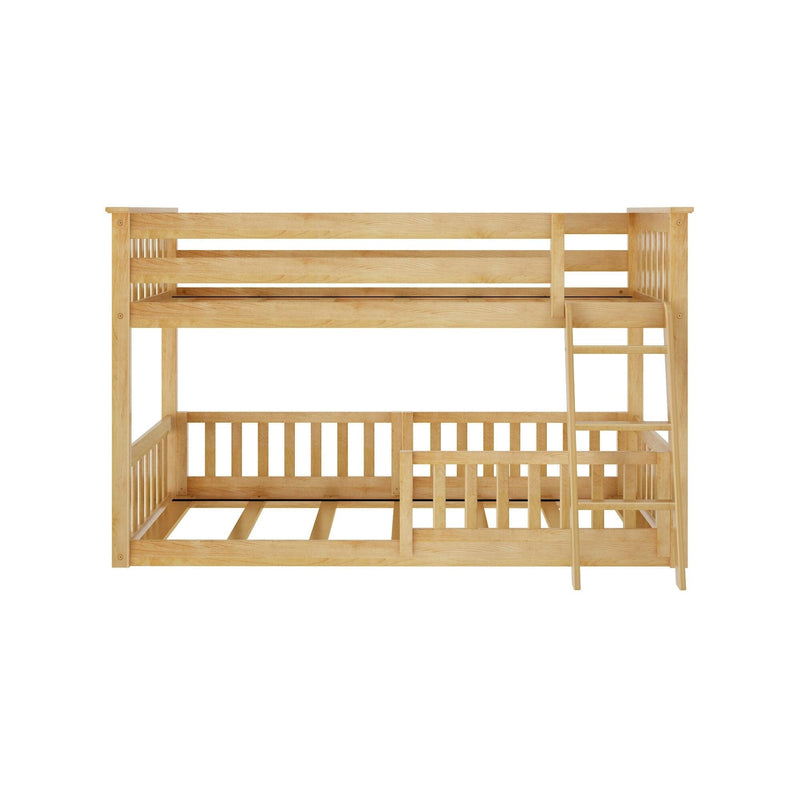 Light natural solid wood bunk bed with ladder and slatted guardrails — space-saving kids' bedroom solution