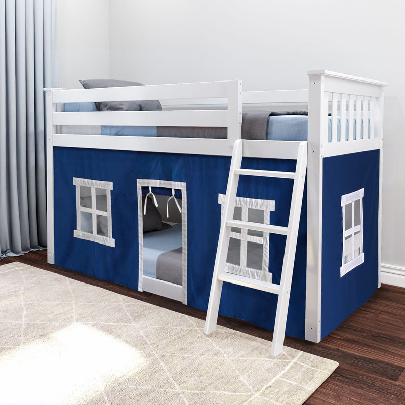 White wooden twin loft bed with ladder and navy-blue playhouse curtain skirt for kids bedroom
