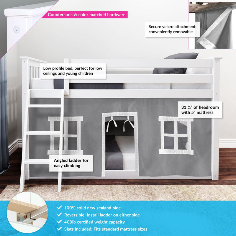 Twin Over Twin Low Bunk Bed With Curtain