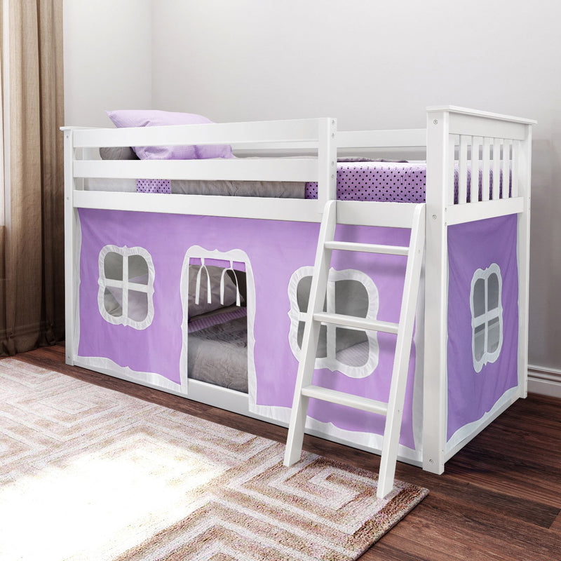 White wooden kids loft bed with ladder and purple playhouse-style tent curtain, polka-dot bedding and pillow in a child's bedroom