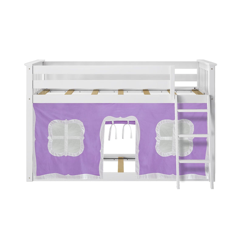 White wooden kids loft bed with ladder and purple playhouse curtain under-bed play tent for toddlers