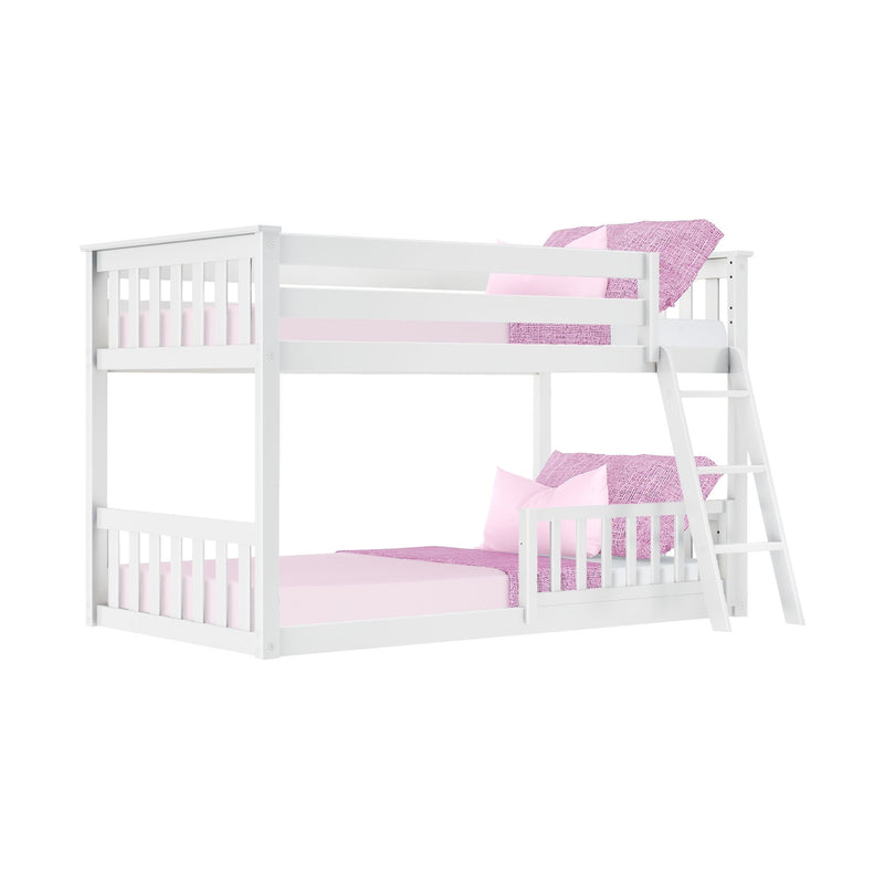 White wooden twin-over-twin bunk bed with pink bedding and ladder, modern kids bedroom furniture
