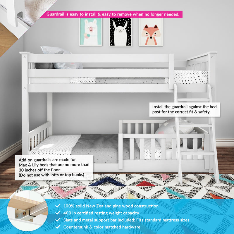 White wooden bunk bed with removable safety guardrail and ladder in kids' room, polka dot bedding; fits Max & Lily beds up to 30 in.